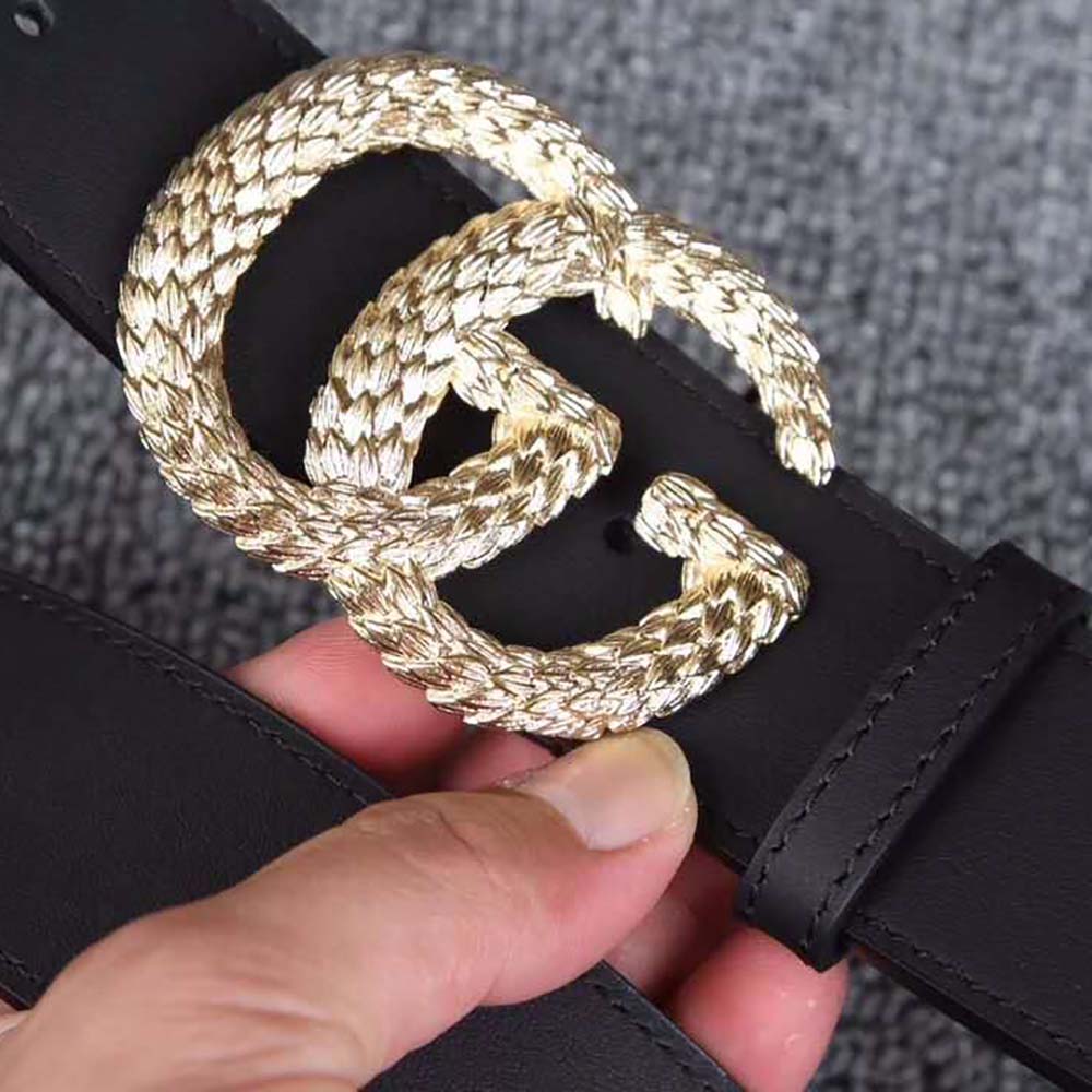 Gucci Unisex Gucci Belt with Textured Double G Buckle in Black Leather