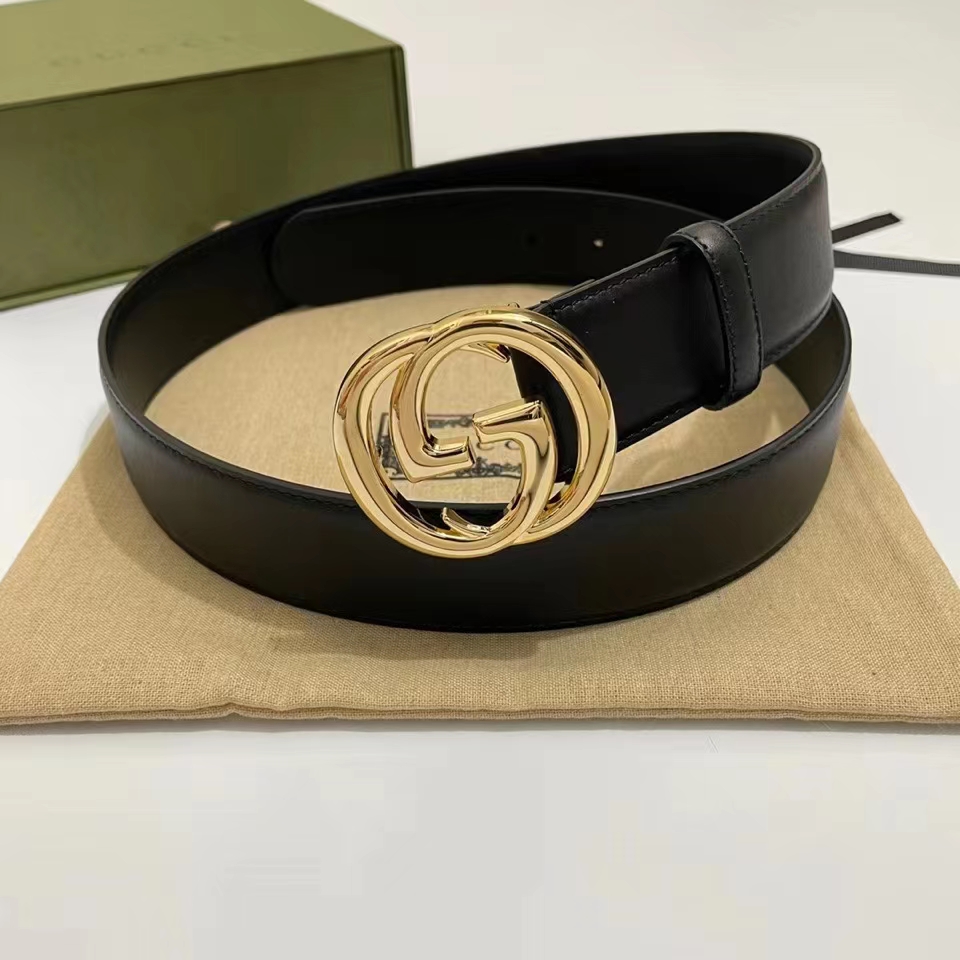 Gucci Unisex GG Blondie Belt Round Interlocking G Buckle Black Leather 4 CM Width
