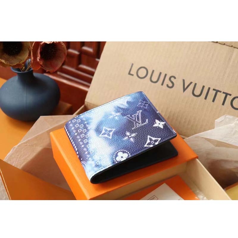 Louis Vuitton LV Unisex Slender Wallet Blue Cowhide Leather Textile Lining