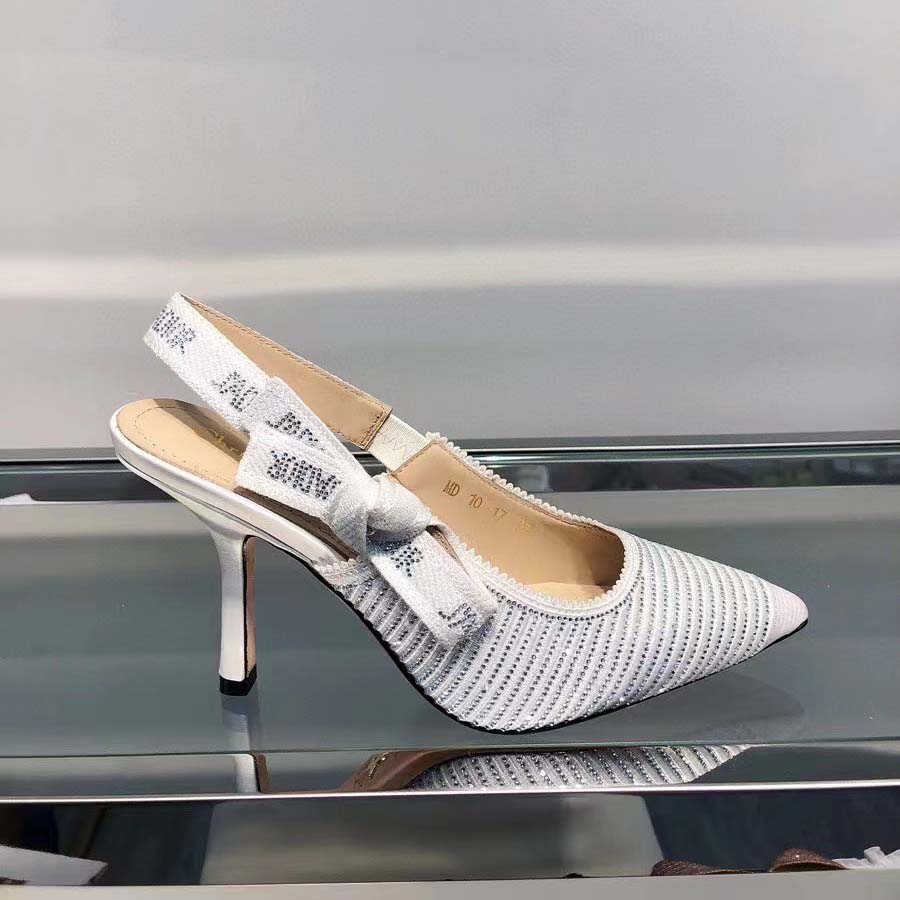 Dior Women CD J’Adior Slingback Pump White Cotton Embroidered Silver-Tone Strass