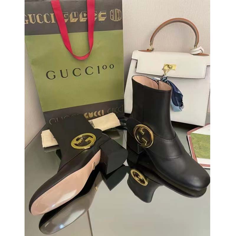 Gucci GG Blondie Women’s Ankle Boot Black Leather Mid 5 Cm Heel