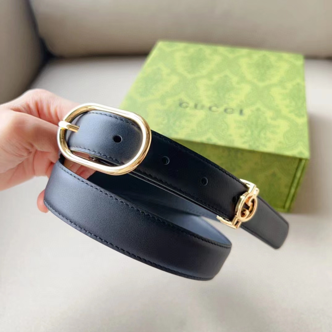 Gucci Unisex GG Belt Round Interlocking G Black Leather Oval Buckle 2.3 CM Width