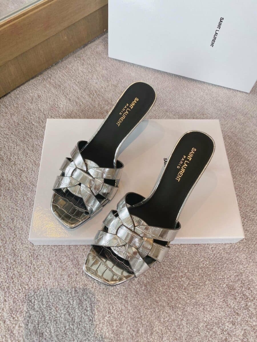 Saint Laurent Womens Tribute Heeled Mules Sliver For Women 0425020833