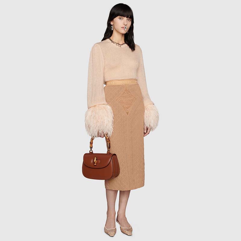 Gucci GG Women Silk Mohair Sweater Feathers Beige Double G Embroidery Crewneck