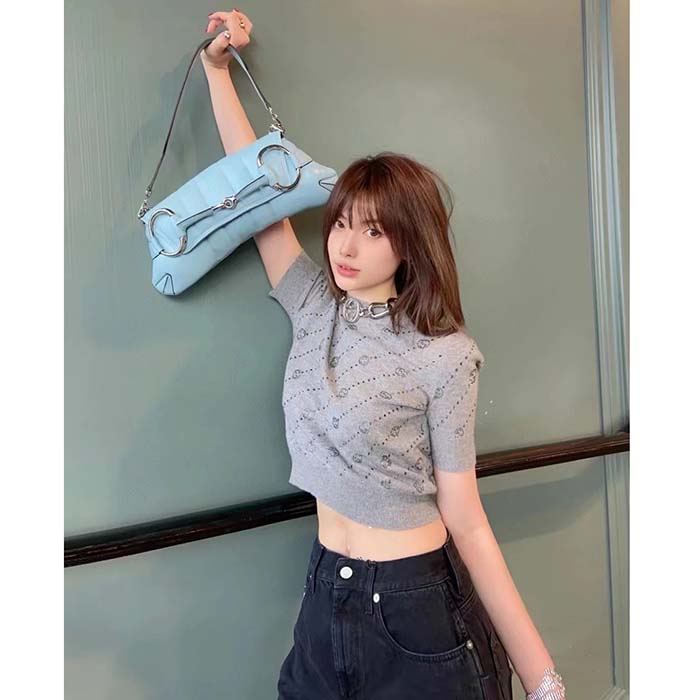 Gucci Women GG Cashmere Crewneck Interlocking G Grey Diagonal Stripe Crystals