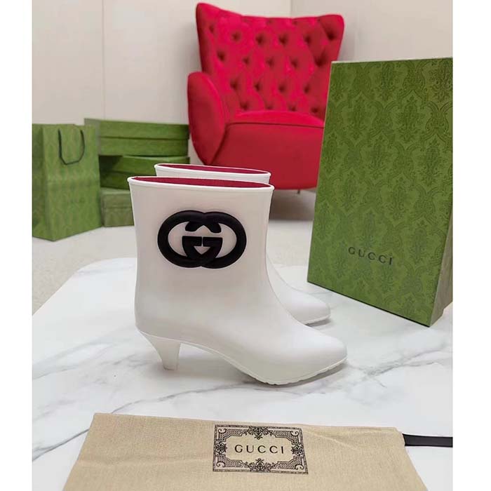 Gucci Women Interlocking G Ankle Boot White Shiny Rubber Matte Point Toe Low-Heel