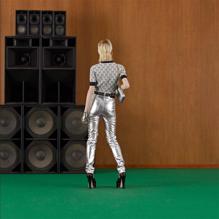 Gucci Women GG Lamé Jacquard Top Cotton Navy Crewneck Short Sleeves