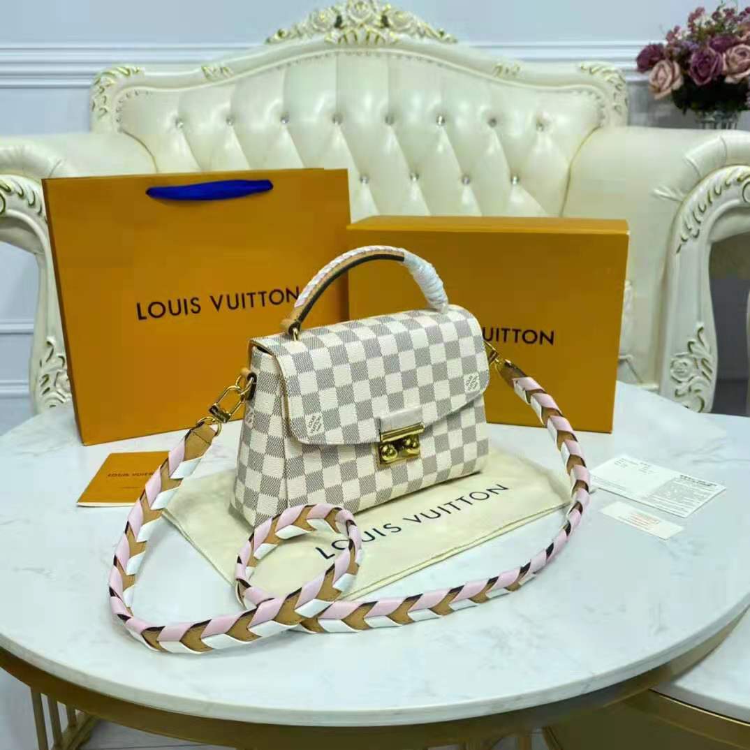 Louis Vuitton LV Women Croisette Hand Bag Pink Damier Azur Coated Canvas