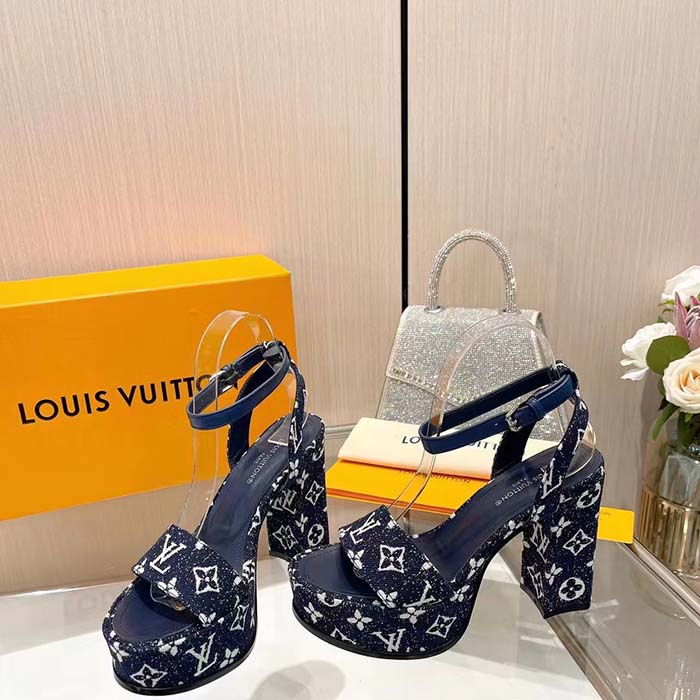 Louis Vuitton Women LV Fame Platform Sandal Navy Monogram Denim Leather 11.5 CM Heel