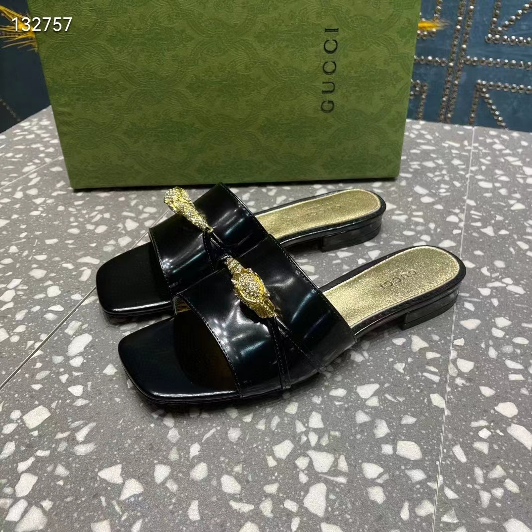 Gucci Women GG Slide Sandal Tiger Head Black Patent Leather Flat
