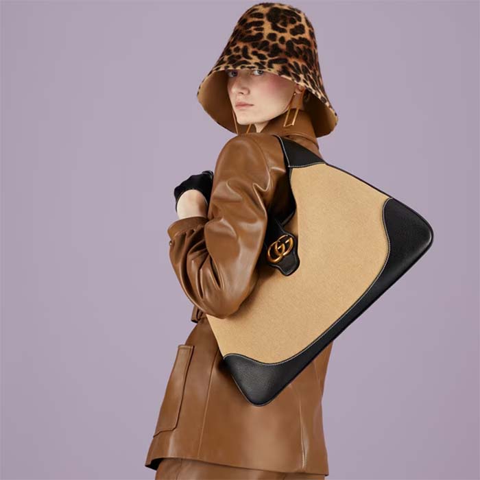 Gucci Women GG Aphrodite Large Shoulder Bag Beige Black Cotton Canvas Black Leather