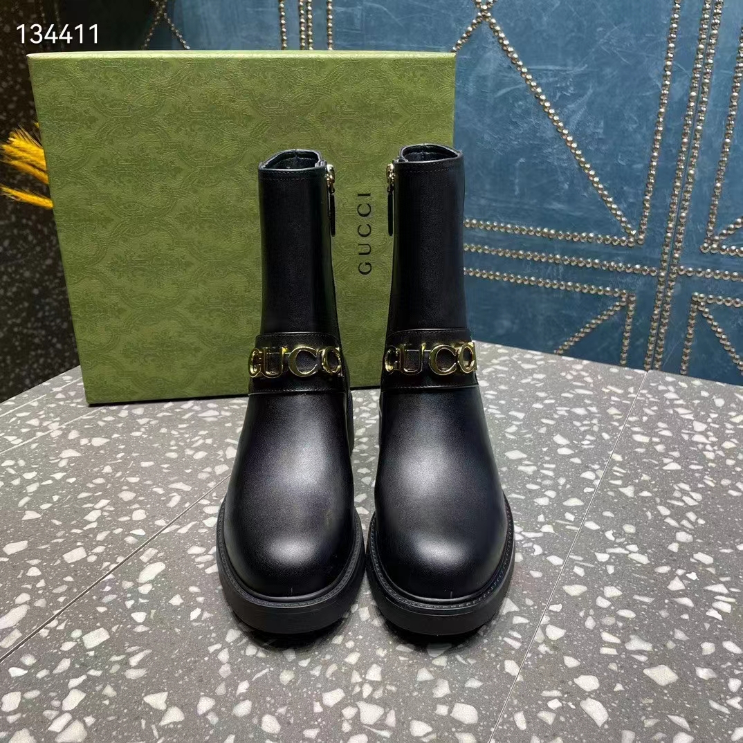 Gucci Women GG Gucci Boot Black Leather Rubber Sole Mid 8.9 CM Heel