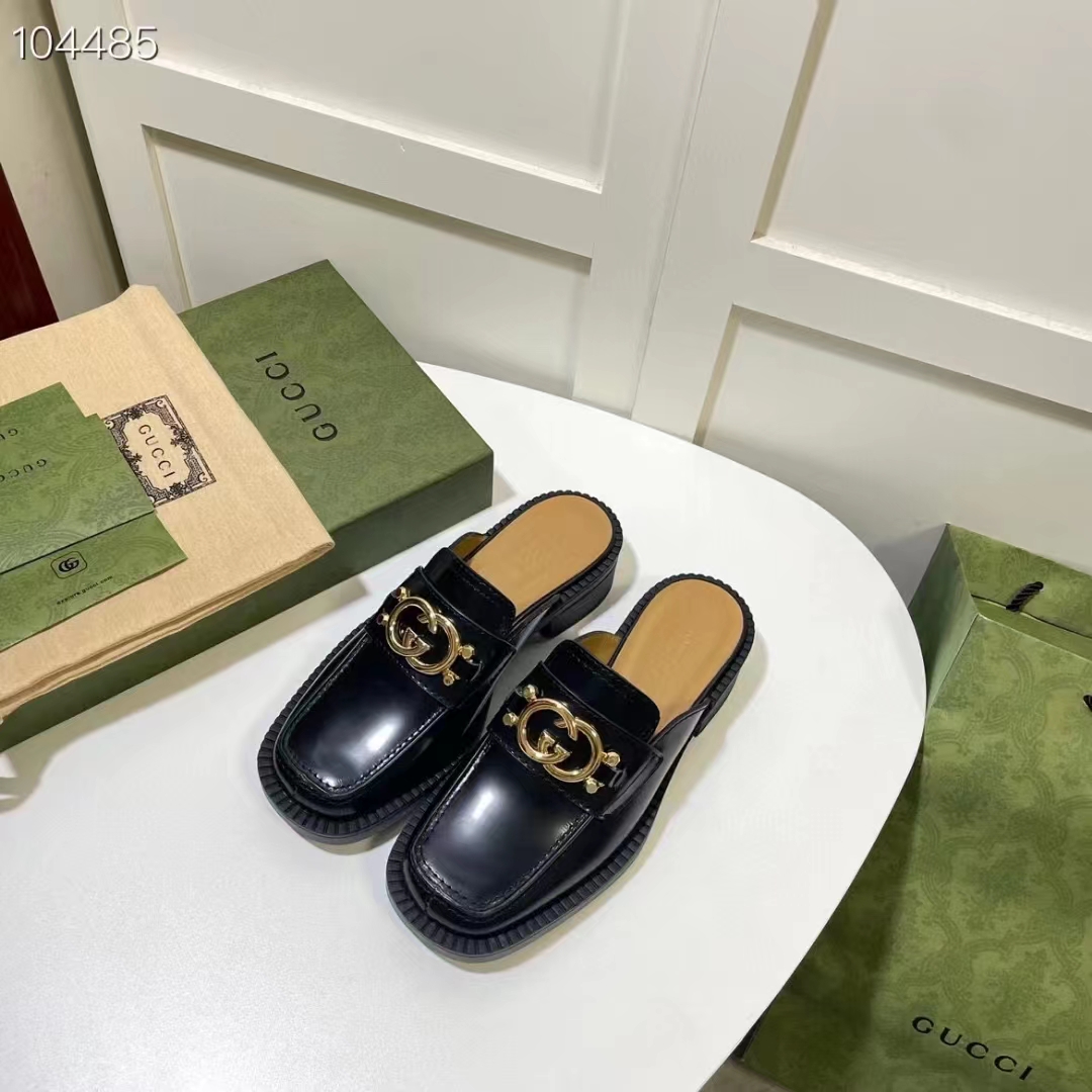 Gucci Women GG Slipper Interlocking G Black Leather Low 2.5 Cm Heel