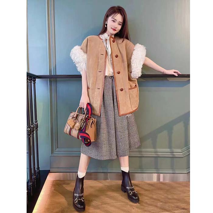 Gucci Women GG Prince Wales Check Pleated Skirt Black White Wool Button Closure