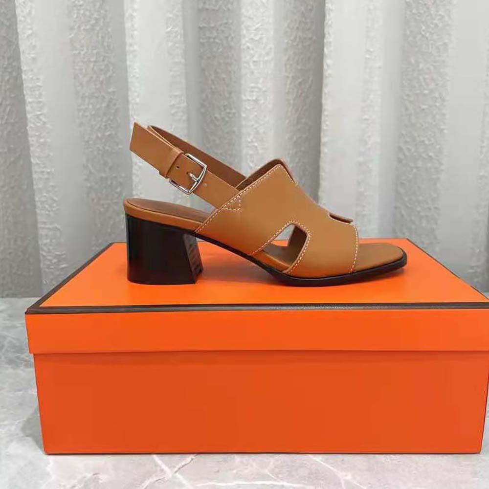 Hermes Women Elbe 60 Sandal in Calfskin with H Cut-Out Detail-Brown