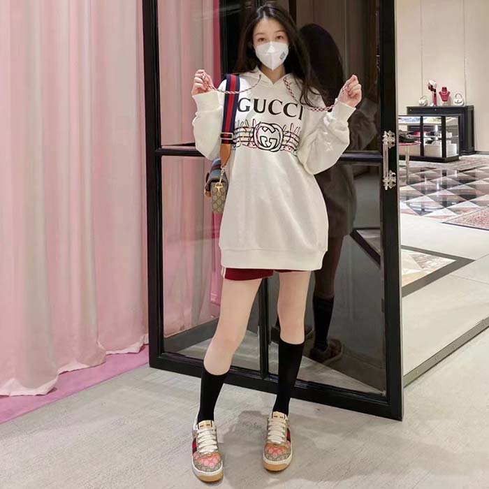 Gucci Women GG Logo Bunny Print Hooded Cotton Sweatshirt Off White Cotton Jersey