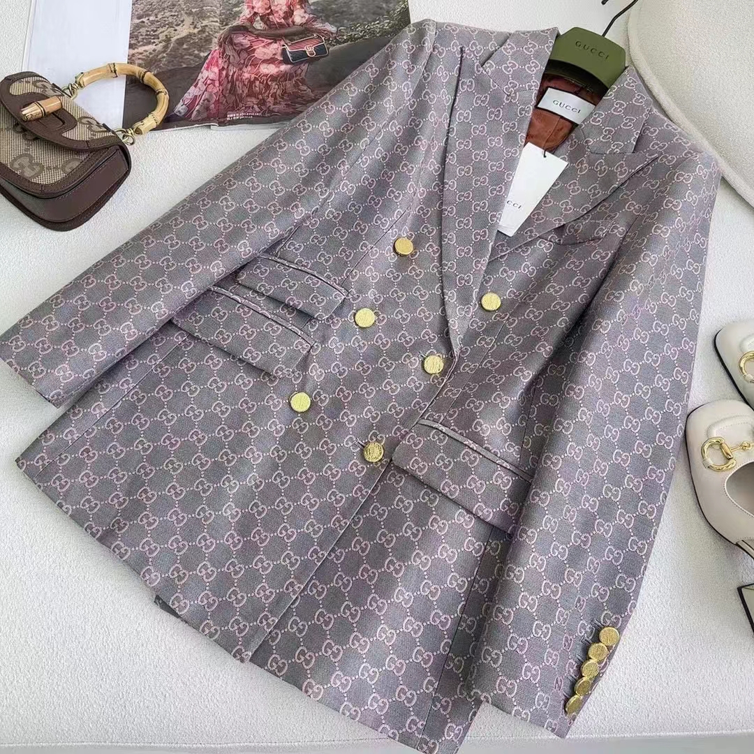 Gucci Women GG Cotton Canvas Jacket Grey Pink Lined Point Revers Double Breasted Fitted Waist