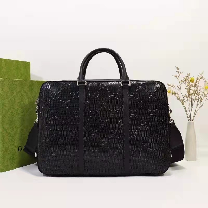 Gucci Unisex GG Embossed Briefcase Bag Black GG Embossed Leather