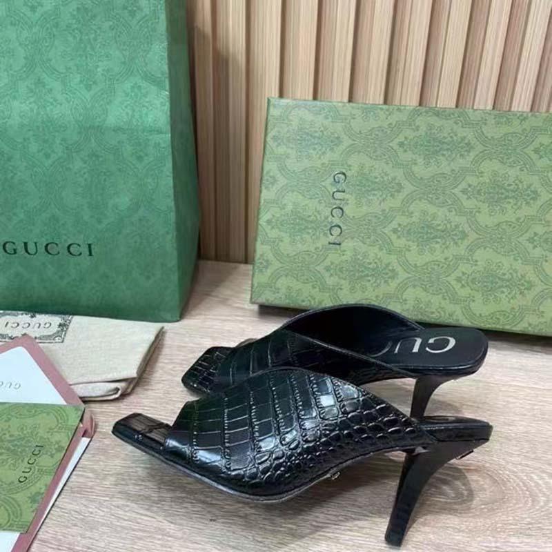 Gucci Women GG Crocodile Print Pump Black Square Toe Mid Heel