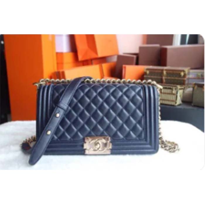Chanel Women CC Boy Flap Handbag Chevron Quilted Calfskin Leather Navy Blue