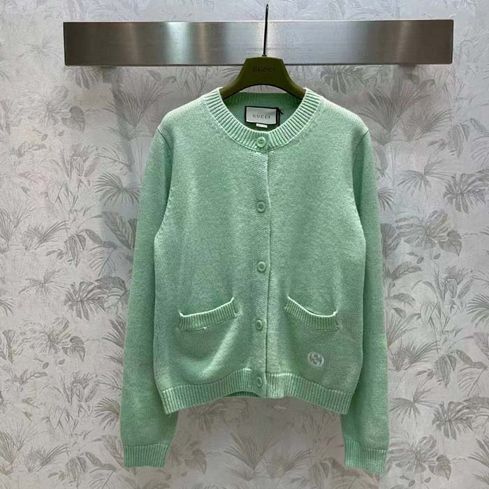 Gucci Women GG Fine Cashmere Cardigan Interlocking G Light Green Crewneck Long Sleeves