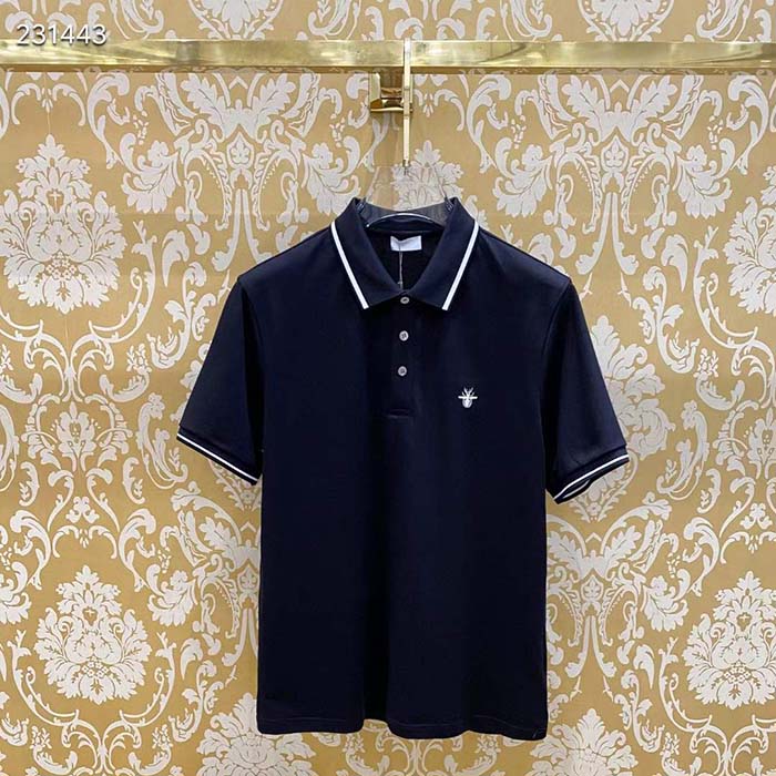 Dior Men CD Polo Shirt Bee Embroidery Black Cotton Piqué