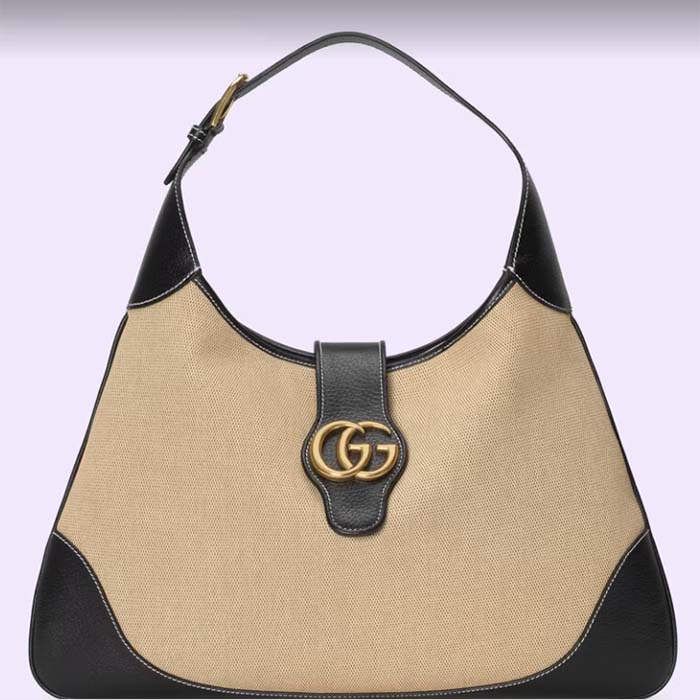 Gucci Women GG Aphrodite Large Shoulder Bag Beige Black Cotton Canvas Black Leather