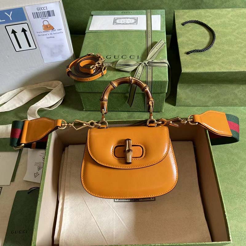 Gucci Women Bamboo 1947 Mini Top Handle Bag Orange Leather Bamboo Hardware