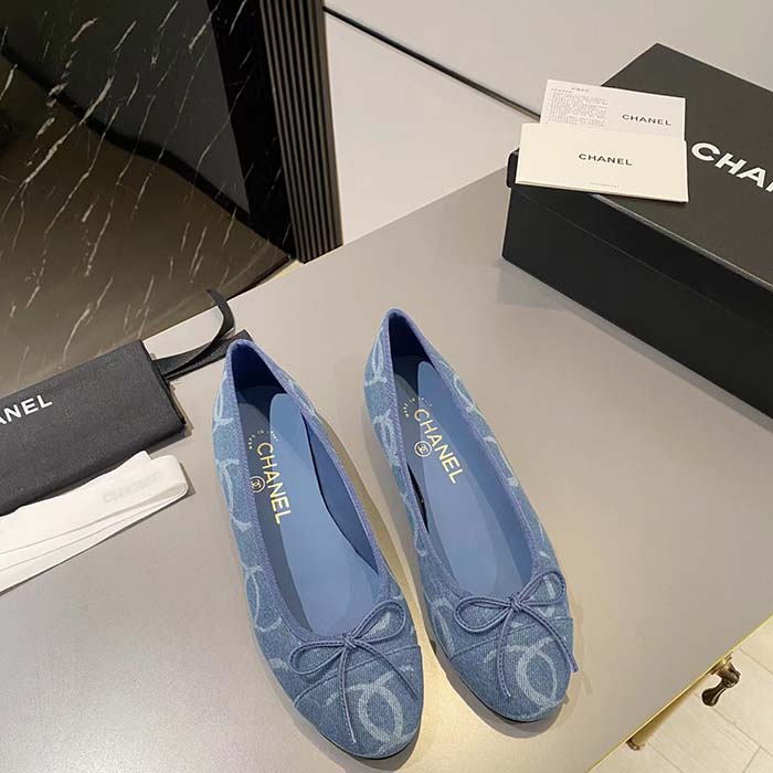 Chanel Women CC Ballet Flats Printed Denim Light Blue White