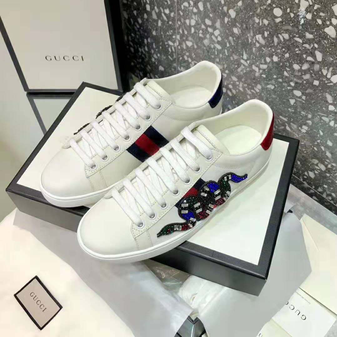 Gucci Women Ace Embroidered Sneaker with Crystal Kingsnake-White