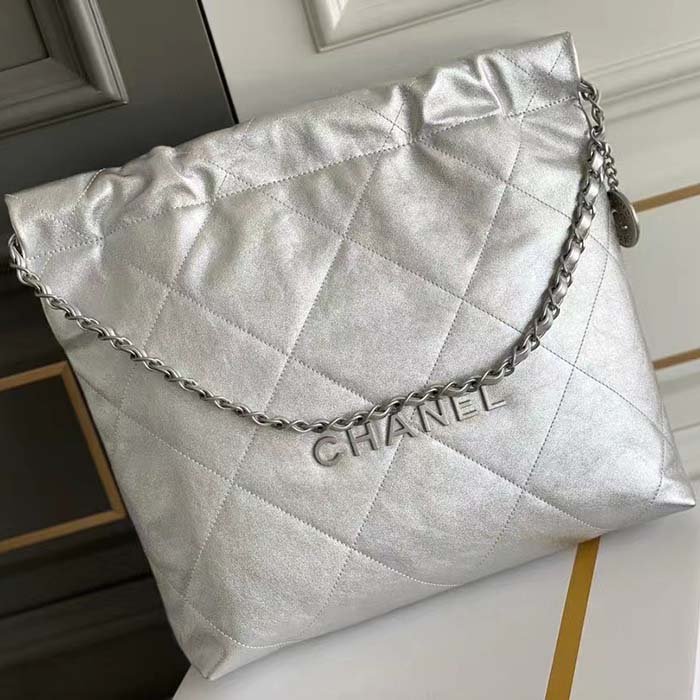 Chanel Women CC 22 Handbag Metallic Calfskin Silver-Tone Metal Silver