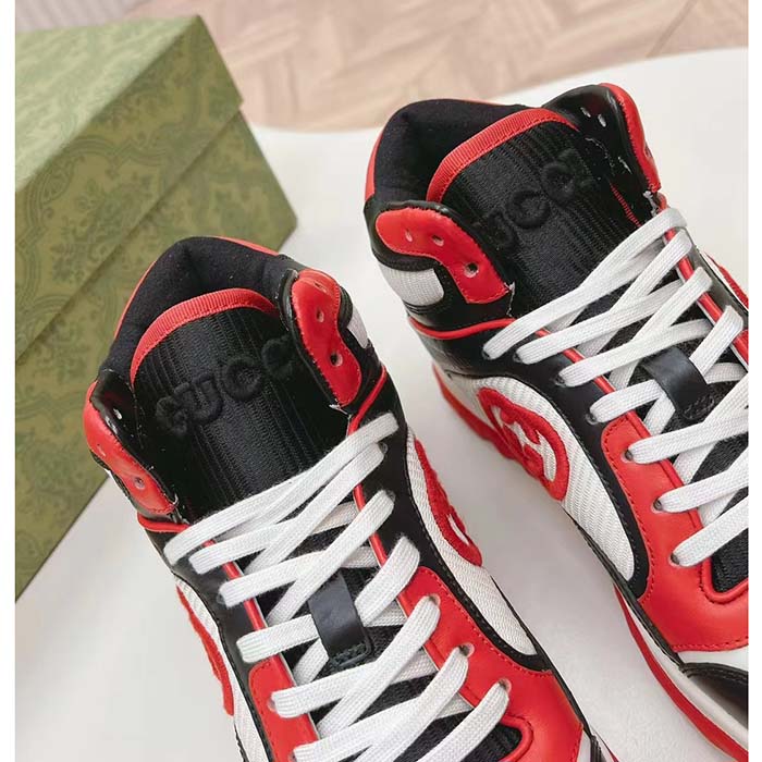 Gucci Unisex Mac80 High Top Sneaker Off Black Red Leather Round Toe Rubber Sole Flat