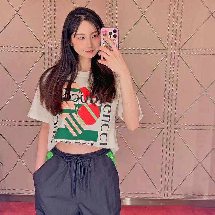 Gucci Women GG Cotton Jersey Printed T-Shirt Off White Cherry Sequin Embroidery