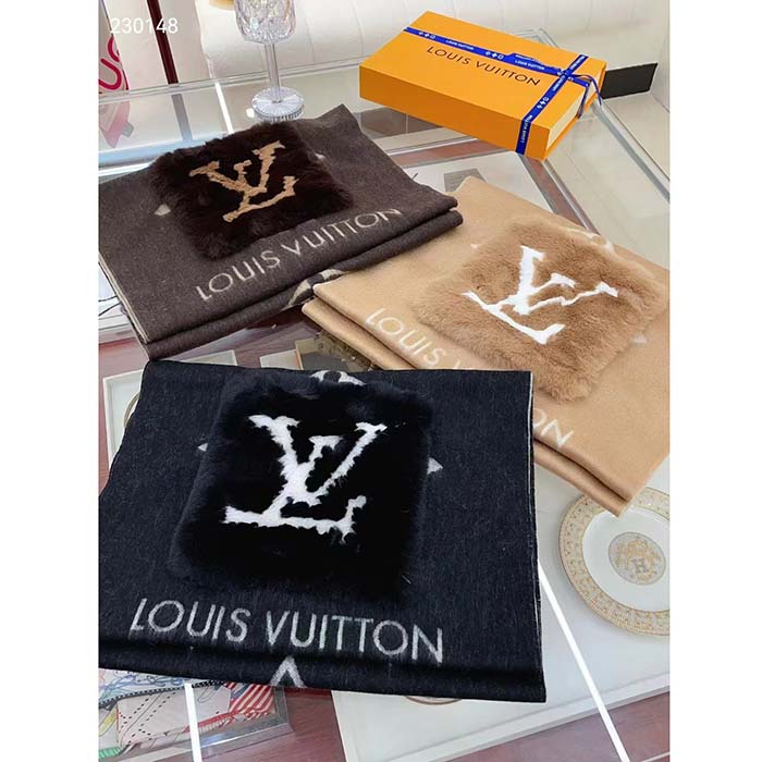 Louis Vuitton Unisex Cold Reykjavik Scarf Cashmere Mink Fur Black Jacquard LV Initials Monogram Flowers