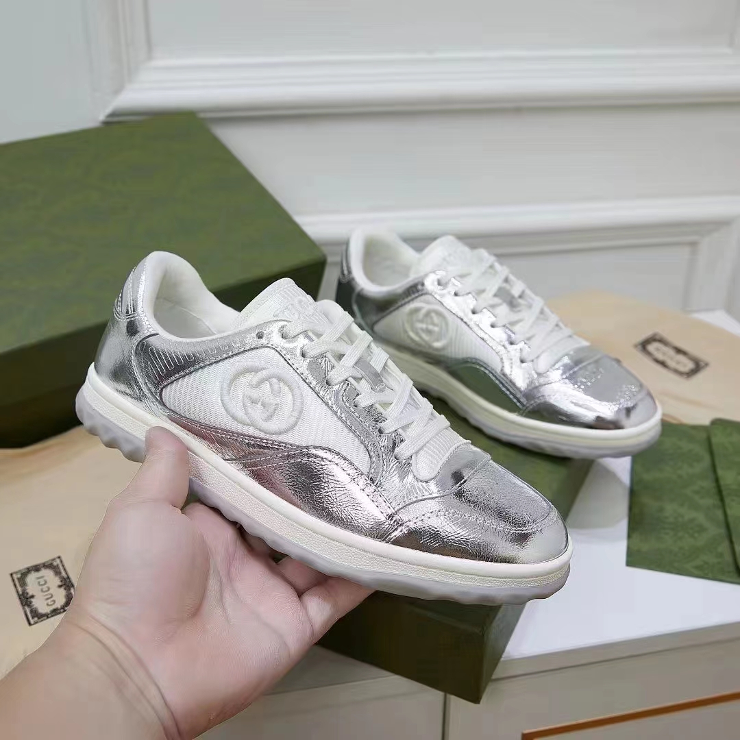 Gucci Unisex GG MAC80 Sneaker Metallic Silver Leather Round Toe Rubber Flat