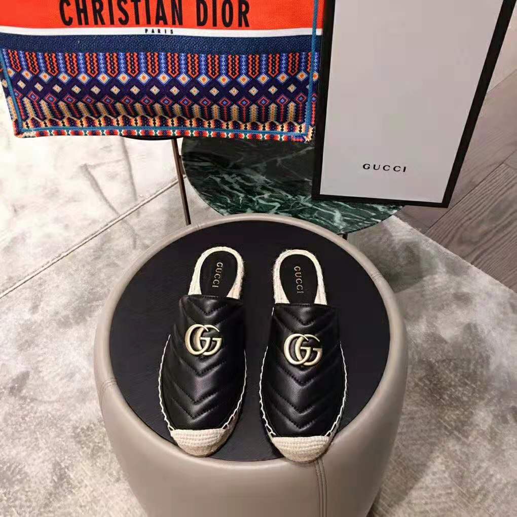 Gucci Women Leather Espadrille with Double G in 2 cm Height-Black