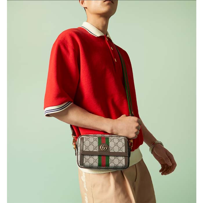 Gucci Unisex Ophidia GG Mini Bag Double G Beige Ebony GG Supreme Canvas