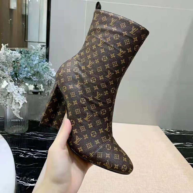 Louis Vuitton LV Women LV Silhouette Ankle Boot in Patent Monogram Canvas-Brown