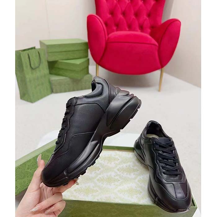 Gucci Unisex Interlocking G Rhyton Sneakers Black Leather White Cut-Out Rubber Sole