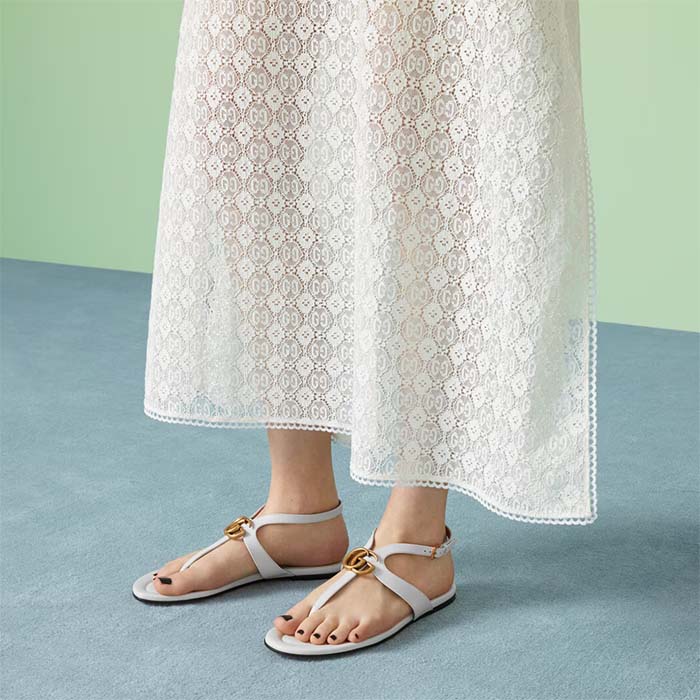 Gucci Women GG Double G Thong Sandal White Leather Flat 0.5 CM Heel