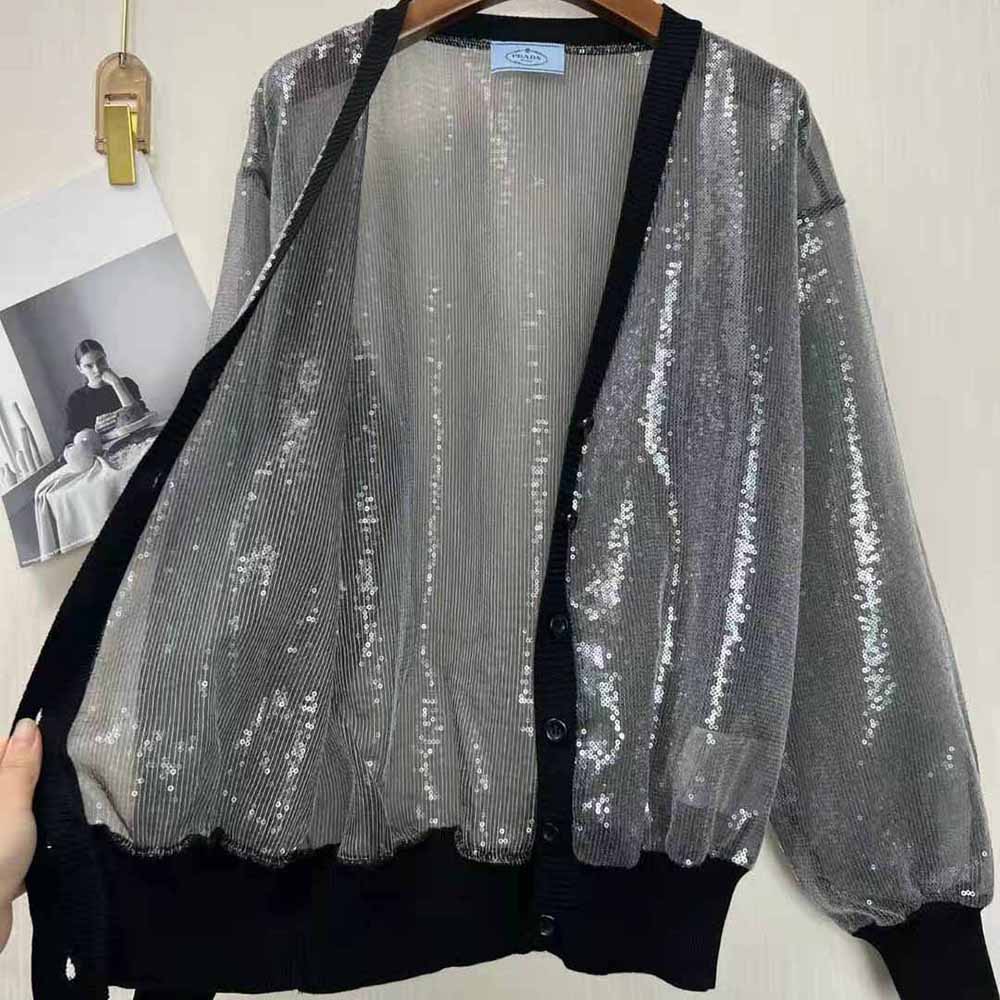 Prada Women Sequin-Embroidered Tulle Cardigan-Black