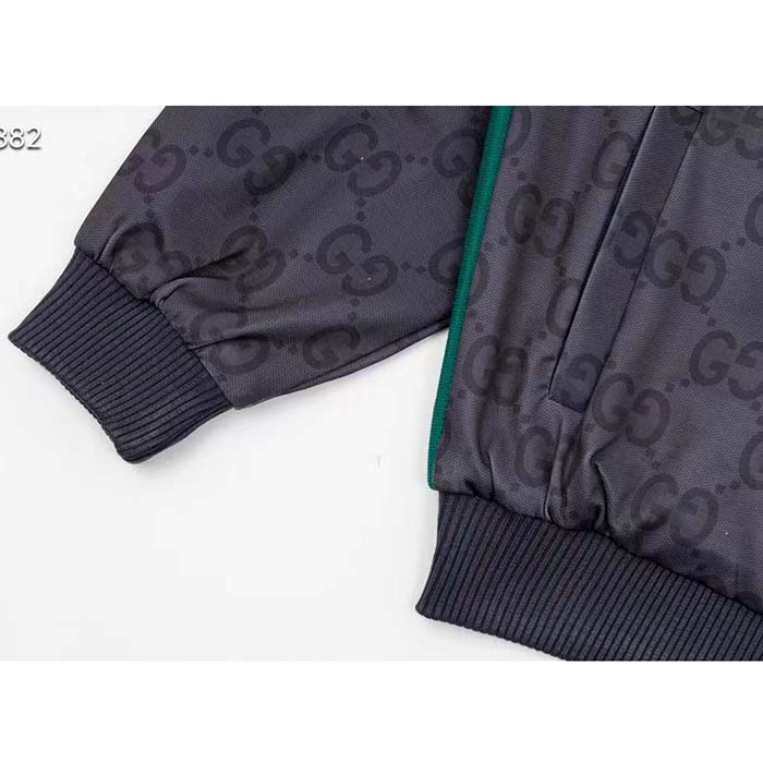 Gucci Women GG Jumbo GG Zip Jacket Web Dark Grey Neoprene Canvas Raglan Sleeves