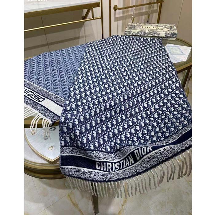 Dior Unisex CD Dior Oblique Scarf Navy Blue Cashmere Double-Sided Fringed Ends