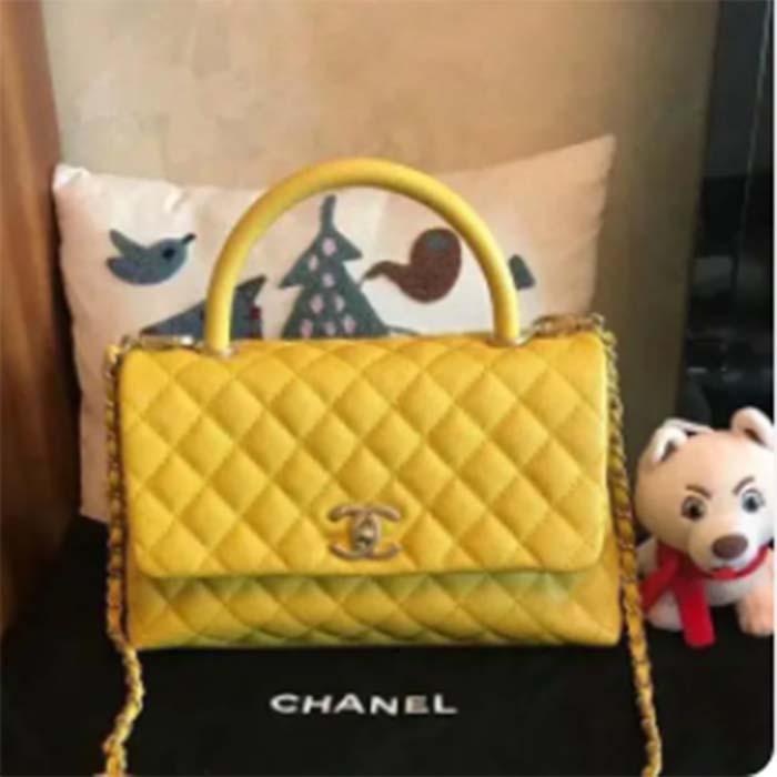 Chanel Women CC Quilted Handbag Yellow Calfskin Leather Gold-Tone Metal