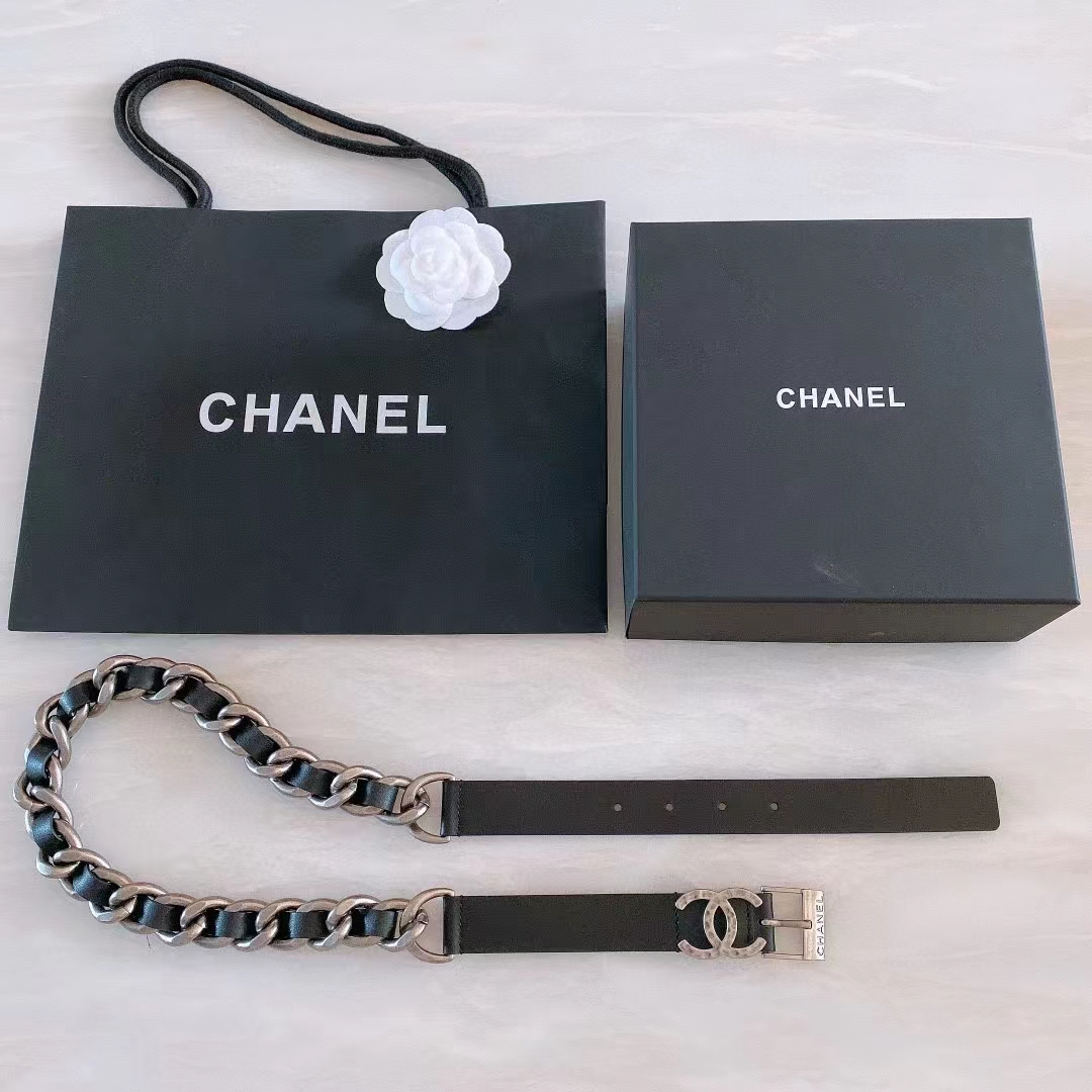 Chanel Women CC Chain Belt Calfskin Leather Silver-Tone Metal Strass Black
