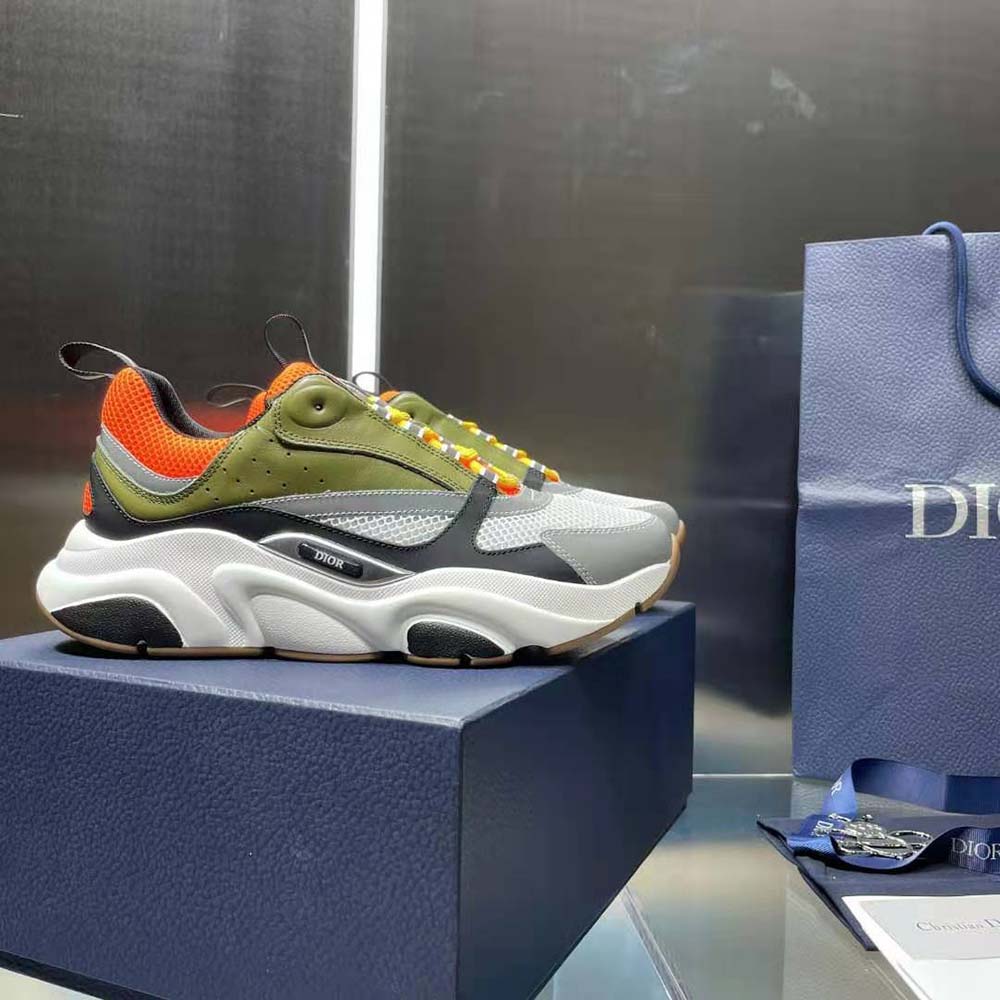 Dior Men B22 Sneaker Orange and White Technical Mesh with Khaki and Black Smooth Calfskin