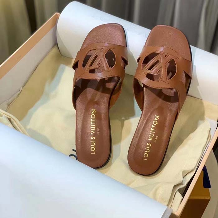 Louis Vuitton LV Unisex Isola Flat Mule Cognac Brown Calf Leather Circle Signature