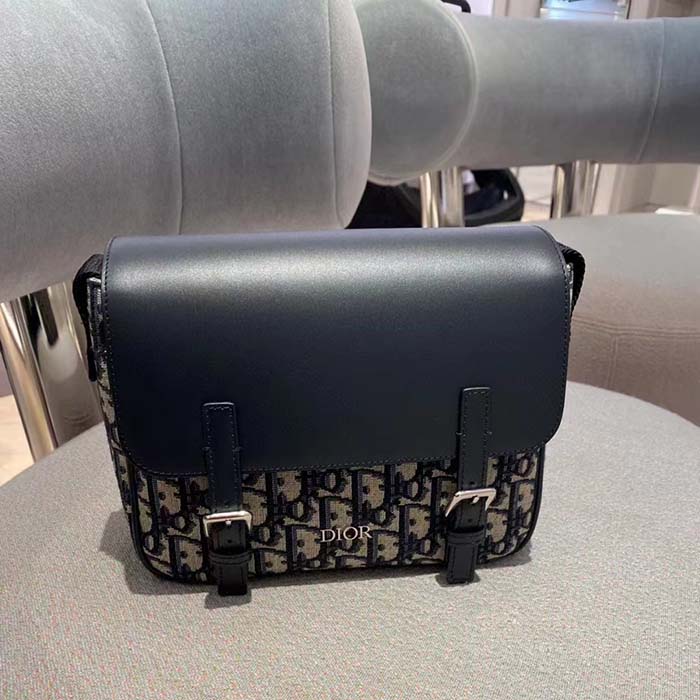 Dior Unisex CD Messenger Bag Blue Calfskin Dior Oblique Canvas