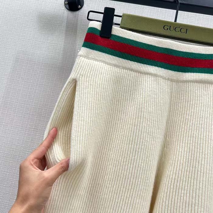 Gucci Women GG Rib Wool Pant Web Elastic Waist Drawstring Elastic Leg Cuffs