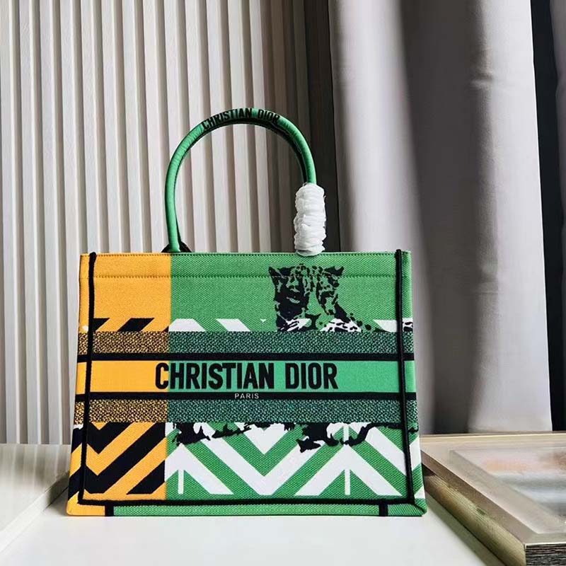 Dior Unisex CD Medium Book Tote Green Orange D-Jungle Pop Embroidery
